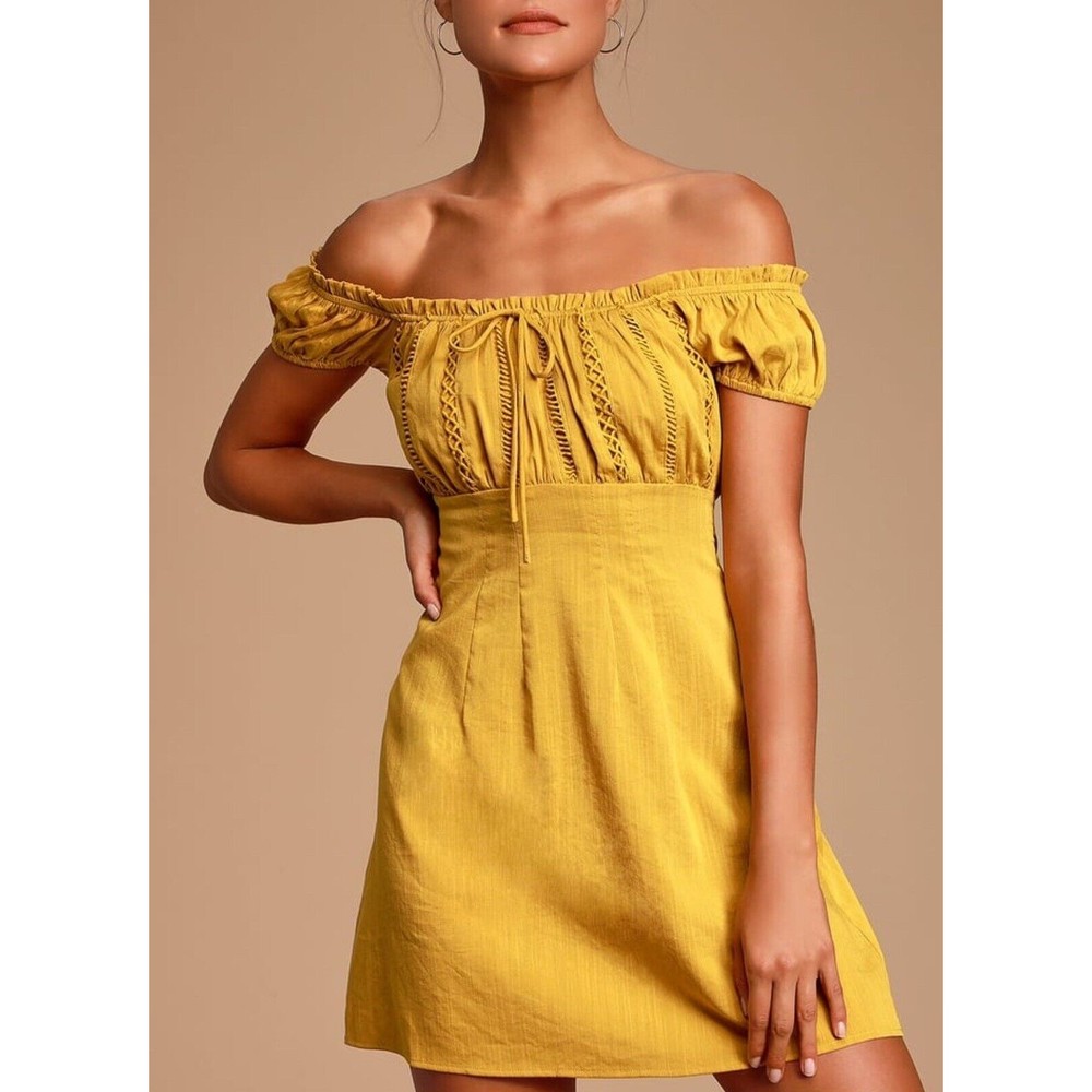 Wisteria Mustard Yellow Embroidered Off-the-Shoulder Mini Dress Small NWT $48